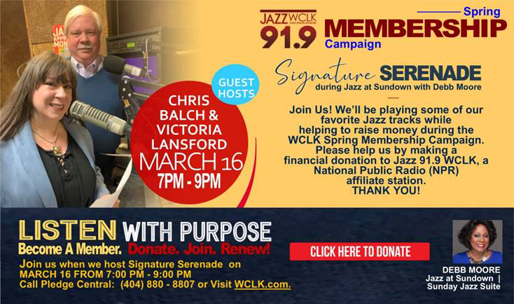 Chris Balch and Victoria Lansford on WCLK's Spring Pledge Drive March 16, 2020 from 7-9pm Click here to donate now and help us win!
